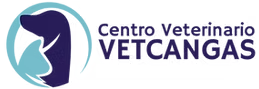 Logo of Centro Veterinario Vetcangas featuring the silhouettes of a dog and a cat in a circular blue design, with the business name in blue text to the right.